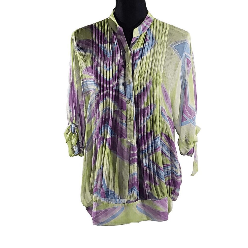 Arden B Purple Green 100% Silk Button Front Top Size L